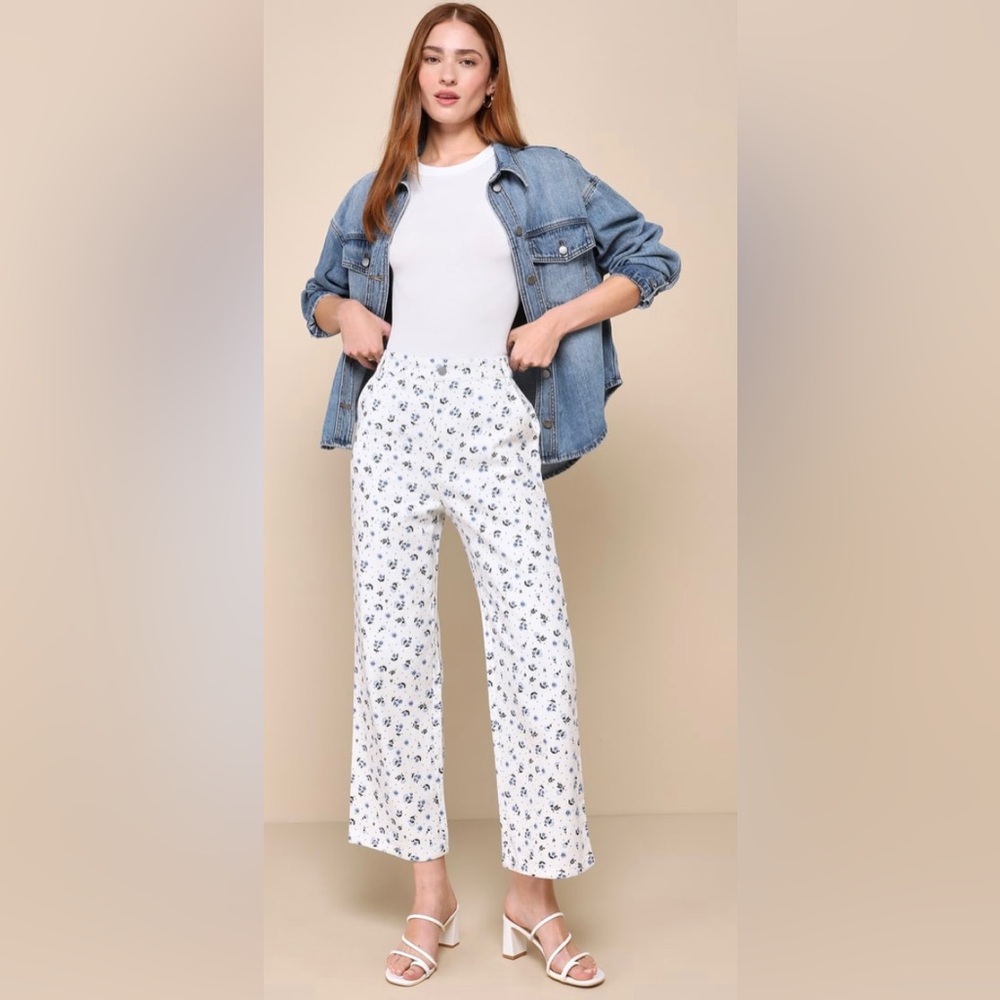 Lulus Everyday Personality Ivory Floral Print Twill High Rise Pants